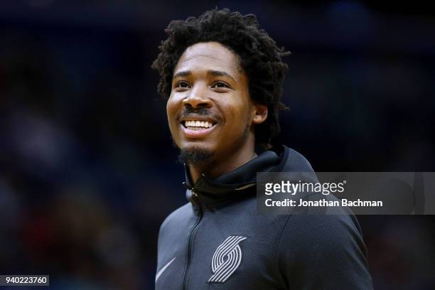 Ed Davis of the Portland Trail Blazers reacts before a game against the New Orleans Pelicans at the Smoothie King Center on March 27, 2018 in New...