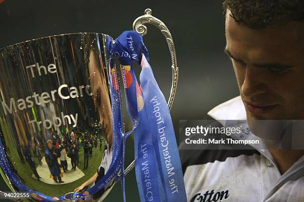 Jamie Roberts of the Barbarians with the winning trophy during the MasterCard trophy match between Barbarians and New Zealand at Twickenham Stadium...