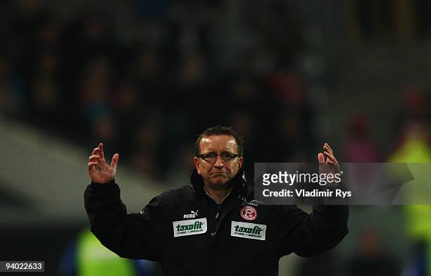 Coach Norbert Meier of Duesseldorf reacts during the Second Bundesliga match between Fortuna Duesseldorf and Arminia Bielefeld at Esprit Arena on...