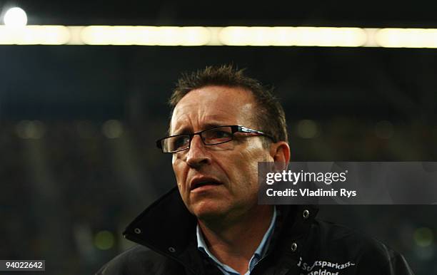 Coach Norbert Meier of Duesseldorf is seen during the Second Bundesliga match between Fortuna Duesseldorf and Arminia Bielefeld at Esprit Arena on...