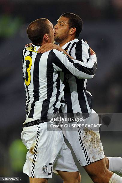 Juventus Brazilian midfielder Felipe Melo celebrates with with defender Giorgio Chiellini after scoring against Inter Milan during their Serie A...