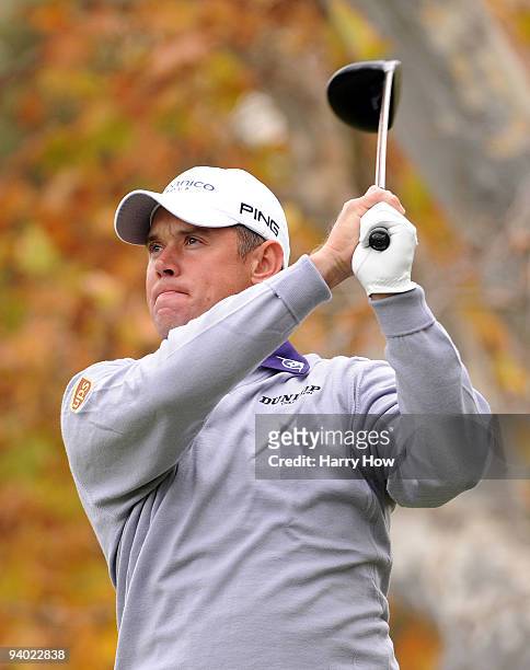 Lee Westwood of England watches his tee shot on the fifth hole during the third round of the Chevron World Challenge at Sherwood Country Club on...