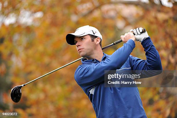 Paul Casey of England watches his tee shot on the fifth hole during the third round of the Chevron World Challenge at Sherwood Country Club on...