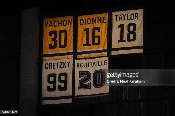 The retired jerseys of the Los Angeles Kings hang in the Staples