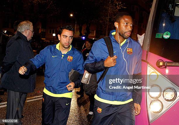 Xavi Hernandez and Seydou Keita of Barcelona arrive at the stadium before the La Liga match between Deportivo La Coruna and Barcelona at the Riazor...