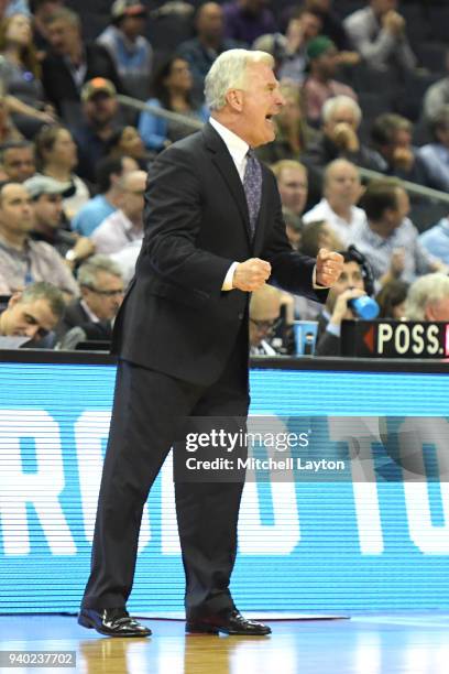 Head coach Bruce Weber of the Kansas State Wildcats looks on during the second round of the 2018 NCAA Men's Basketball Tournament against the UMBC...