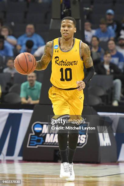 Jairus Lyles of the UMBC Retrievers dribbles up court during the second round of the 2018 NCAA Men's Basketball Tournament against the Kansas State...