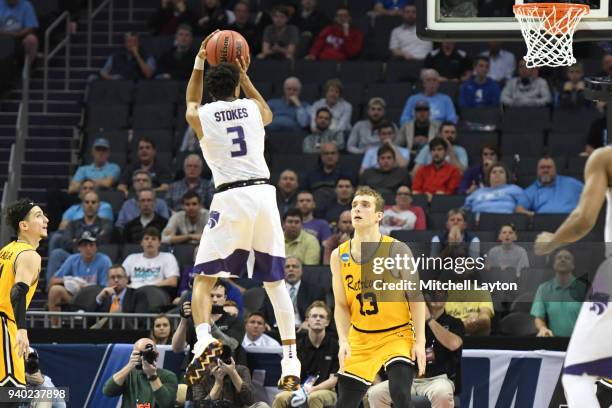 Kamau Stokes of the Kansas State Wildcats takes a jump shot during the second round of the 2018 NCAA Men's Basketball Tournament against the UMBC...