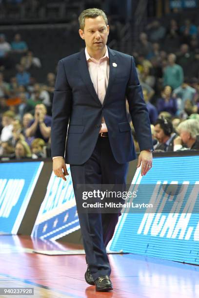 Head coach Ryan Odom of the UMBC Retrievers looks on during the second round of the 2018 NCAA Men's Basketball Tournament against the Kansas State...