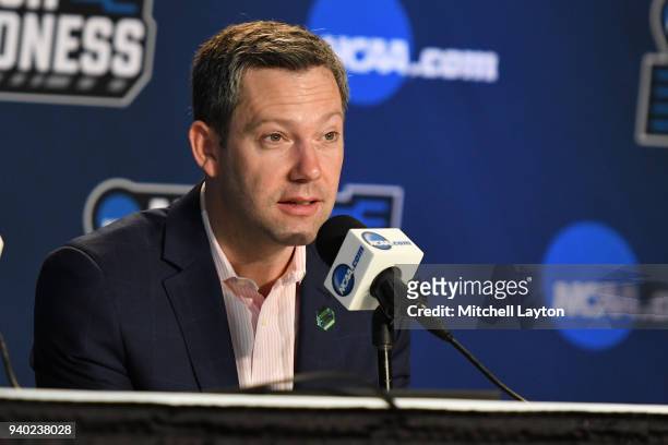 Head coach Ryan Odom of the UMBC Retrievers address the media after the second round of the 2018 NCAA Men's Basketball Tournament against the Kansas...