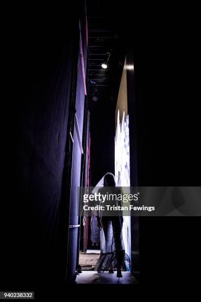 Model backstage ahead of the Zeynep Tosun show during Mercedes Benz Fashion Week Istanbul at Zorlu Performance Hall on March 30, 2018 in Istanbul,...