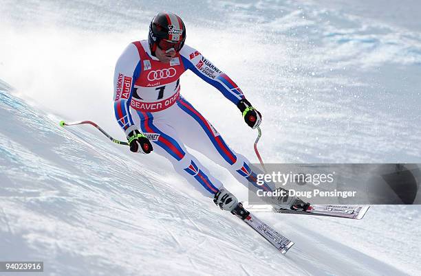 David Poisson of France skis to seventh place in the Men's FIS Alpine World Cup Downhill on the Birds of Prey course on December 5, 2009 in Beaver...