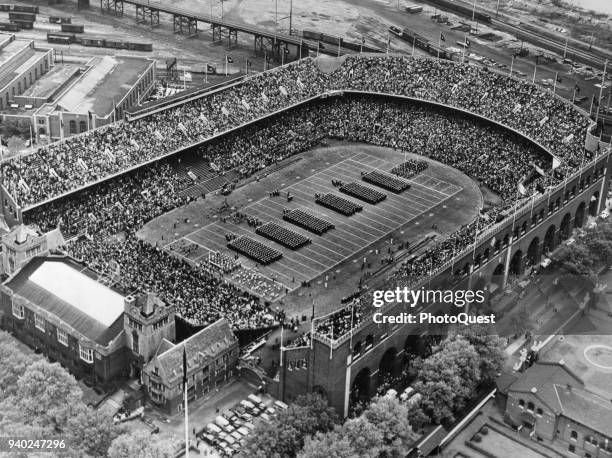 Aerial view of the University of Pennsylvania's Franklin Field stadium prior to the start of a football game between the university and the US Naval...