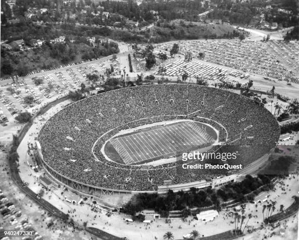 Aerial view of the Rose Bowl during the 36th annual Rose Bowl Game, Pasadena, California, January 4, 1950. The game, seen by more than 100000...