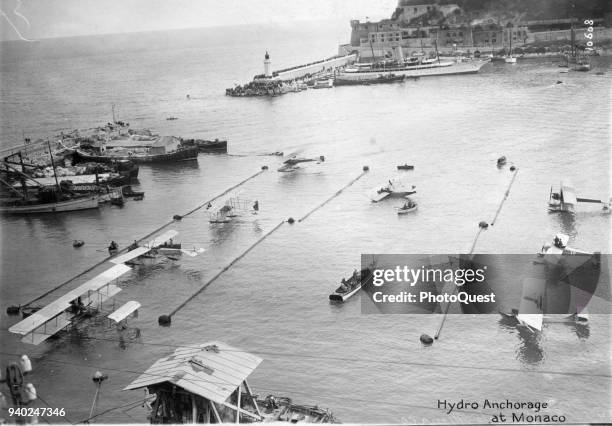 Aerial view of the 'hydro anchorage' for seaplanes participating in the inaugural Schneider Trophy Races, Monaco, April 1913.