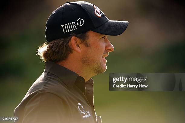 Portrait of Graeme McDowell of Northern Ireland on the 17th hole during the third round of the Chevron World Challenge at Sherwood Country Club on...