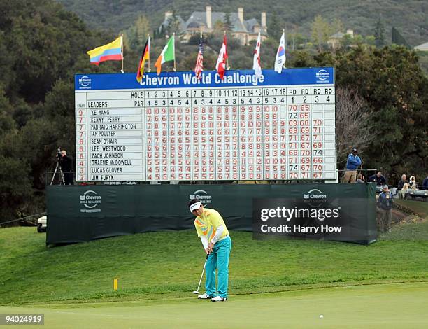 Yang of South Korea putts for birdie on the 18th hole during the third round of the Chevron World Challenge at Sherwood Country Club on December 5,...