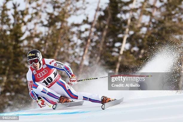 Adrien Theaux of Switzerland competes during the Men's Alpine World Cup Downhill final on the Birds of Prey course on December 5, 2009 in Beaver...