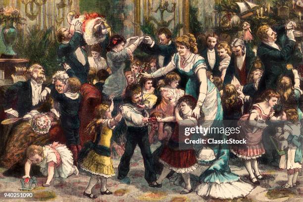 1800s 1880s 1881 CHRISTMAS AT HOME BY G. DURAND LARGE FESTIVE FAMILY PARTY MEN WOMEN 2 CHILDREN FIGHTING OVER TOYS