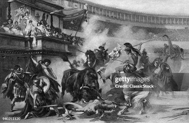 ENGRAVING BULLFIGHT IN ROMAN ARENA GLADIATORS HORSES ELEPHANT ALL FIGHTING BEFORE SPECTATORS ANCIENT ROMAN EMPIRE