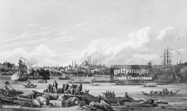 1800s THE SULTAN GOING TO THE MOSQUE IN CONSTANTINOPLE NOW ISTANBUL TURKEY VIEW OF HARBOR SHIPS AND SULTANS BARGES CIRCA 1834