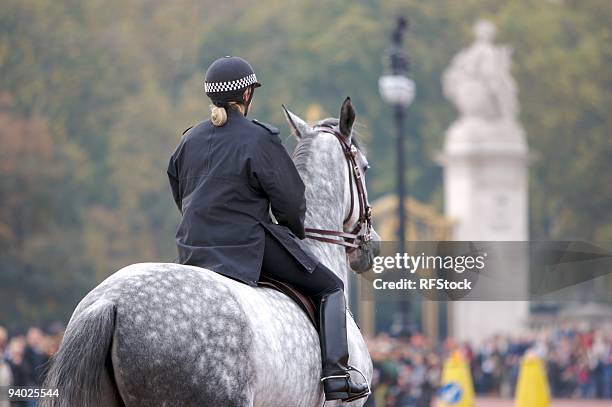 mounted policewoman outside buckingham palace - bereden politie stockfoto's en -beelden