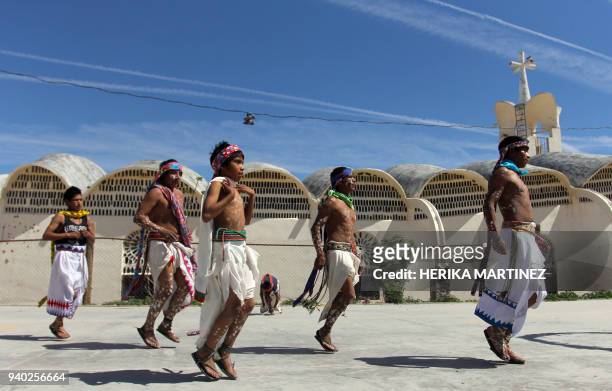 Indigenous Raramuri or Tarahumara ethnic group celebrate with their typical costumes the Holy Week, dancing the Dance of the Pintos or Dance of the...
