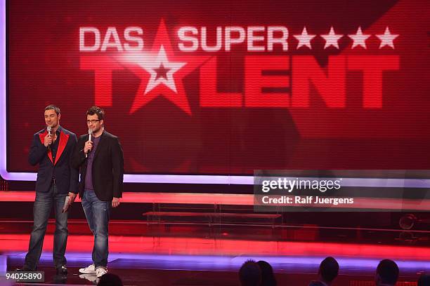 Daniel Hartwich and Marco Schreyl moderate during the 2nd semi final of the TV show 'Das Supertalent' on December 5, 2009 at the Coloneum in Cologne,...