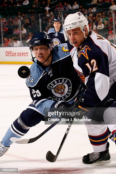 Kamil Kreps of the Florida Panthers faces off against Todd White of the Atlanta Thrashers at the BankAtlantic Center on December 5, 2009 in Sunrise,...