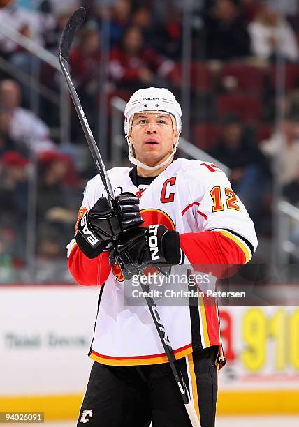 Jarome Iginla of the Calgary Flames during the NHL game against the Phoenix Coyotes at Jobing.com Arena on December 3, 2009 in Glendale, Arizona. The...