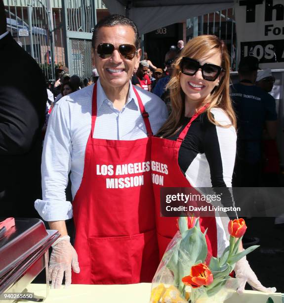 Politician Antonio Villaraigosa and wife Patricia Govea attend the Los Angeles Mission Easter charity event at the Los Angeles Mission on March 30,...