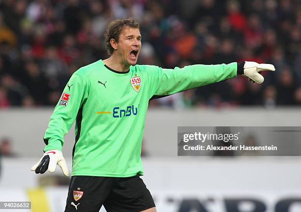 Jens Lehmann of Stuttgart reacts during the Bundesliga match between VfB Stuttgart and VfL Bochum at Mercedes-Benz Arena on December 5, 2009 in...