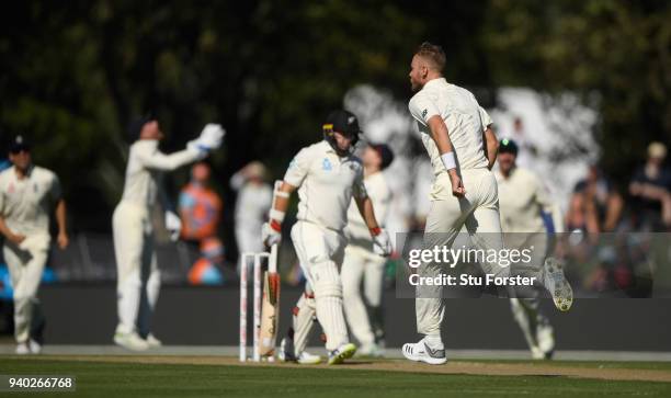 England bowler Stuart Broad removes New Zzealand opener Tom Latham during day two of the Second Test Match between the New Zealand Black Caps and...