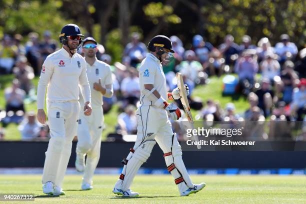 Tom Latham of New Zealand looks dejected after being dismissed by Stuart Broad of England during day two of the Second Test match between New Zealand...