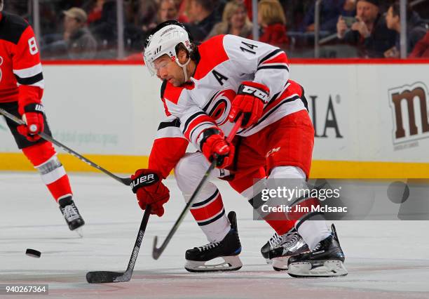 Justin Williams of the Carolina Hurricanes in action against the New Jersey Devils on March 27, 2018 at Prudential Center in Newark, New Jersey. The...