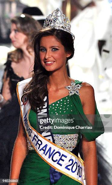 Miss Normandie Malika Menard waves after winning the 2010 Miss France Beauty pageant at the Palais Nikaia on December 5, 2009 in Nice, France.