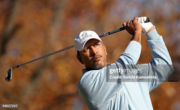 Jeev Mikha Singh of India hits a tee shot on the during the third round of Nippon Series JT Cup at Tokyo Yomiuri Country Club on December 6, 2009 in...