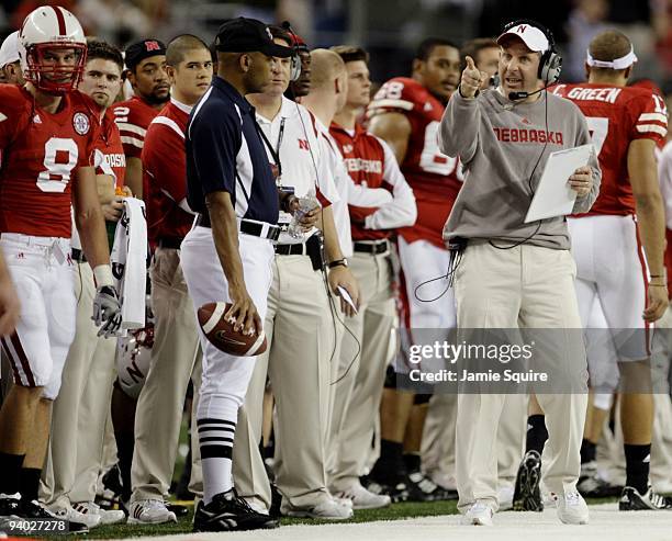 Head coach Bo Pelini of the Nebraska Cornhuskers yells from the sidelines during the first quarter of the game the Texas Longhorns at Cowboys Stadium...