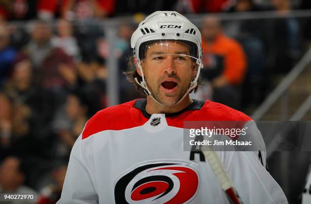 Justin Williams of the Carolina Hurricanes in action against the New Jersey Devils on March 27, 2018 at Prudential Center in Newark, New Jersey. The...