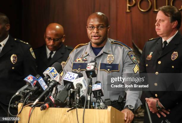 Internal Investigator of the Baton Rouge Police Department Myron Daniels gives remarks at the Baton Rouge Police Station regarding the officers who...