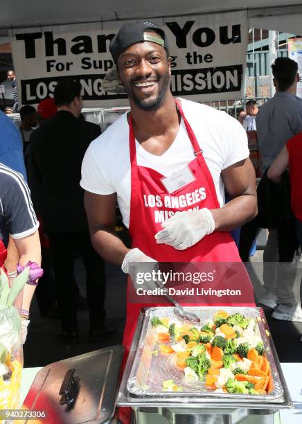 Actor Aldis Hodge attends the Los Angeles Mission Easter charity event at the Los Angeles Mission on March 30, 2018 in Los Angeles, California.