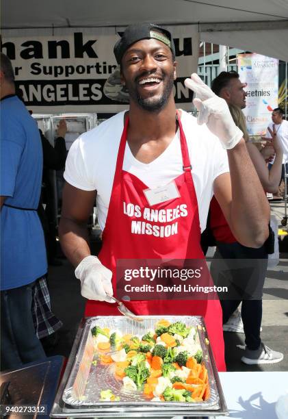 Actor Aldis Hodge attends the Los Angeles Mission Easter charity event at the Los Angeles Mission on March 30, 2018 in Los Angeles, California.