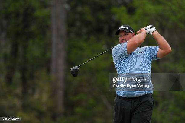 Brendon de Jonge plays his shot from the 14th tee during the second round of the Web.com Tour's Savannah Golf Championship at the Landings Club Deer...