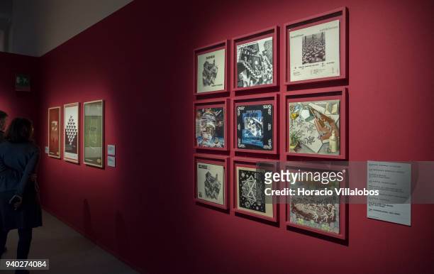 Album covers and advertising inspired by Dutch artist Maurits Cornelis Escher at the Museu de Arte Popular on March 30, 2018 in Lisbon, Portugal....