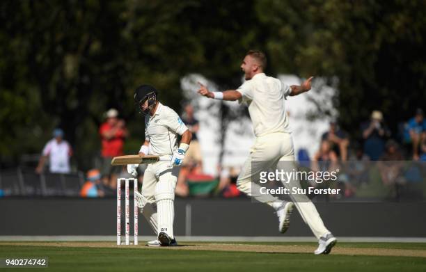 England bowler Stuart Broad dismisses batsman Ross Taylor during day two of the Second Test Match between the New Zealand Black Caps and England at...