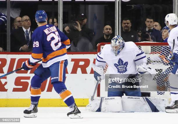 Frederik Andersen of the Toronto Maple Leafs makes the first period save on Brock Nelson of the New York Islanders at the Barclays Center on March...