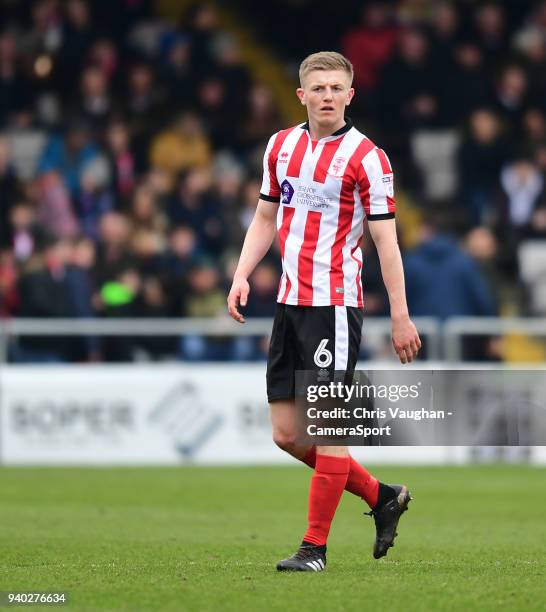 Lincoln City's Scott Wharton during the Sky Bet League Two match between Lincoln City and Exeter City at Sincil Bank Stadium on March 30, 2018 in...