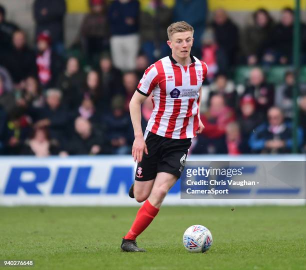 Lincoln City's Scott Wharton during the Sky Bet League Two match between Lincoln City and Exeter City at Sincil Bank Stadium on March 30, 2018 in...