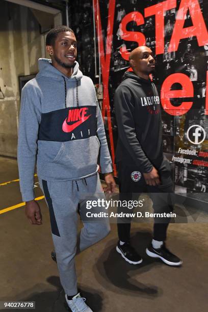 Tyrone Wallace and C.J. Williams of the LA Clippers arrive to the arena prior to the game against the Milwaukee Bucks on March 27, 2018 at STAPLES...