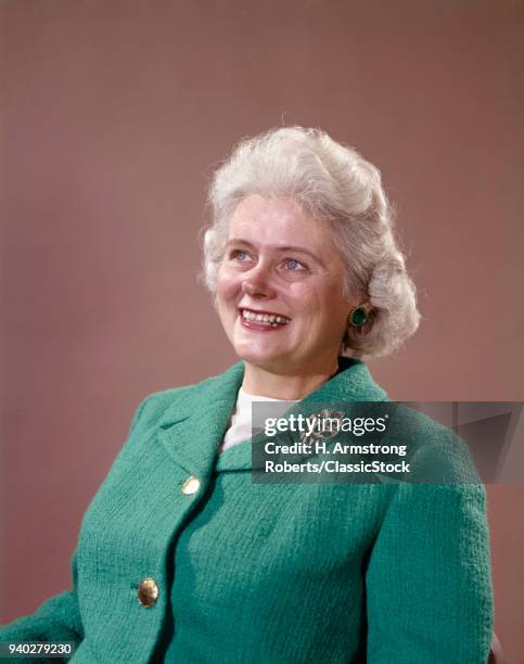 1950s 1960s PORTRAIT SMILING ELDERLY GRAY HAIRED WOMAN IN GREEN WOOL KNIT SUIT BROOCH PIN ON LAPEL SENIOR MATURE